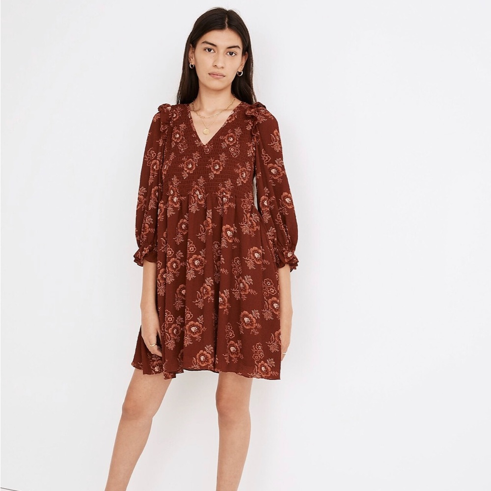 Madewell Lucie V-Neck Smocked Mini Dress in Letterpress Floral mahogany large l